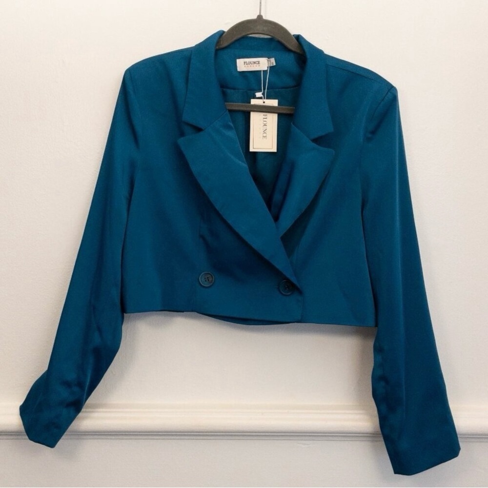 Flounce London Petite Cropped Aqua Satin Blazer Jacket Size UK14 US10 EU42 - Picture 2 of 5